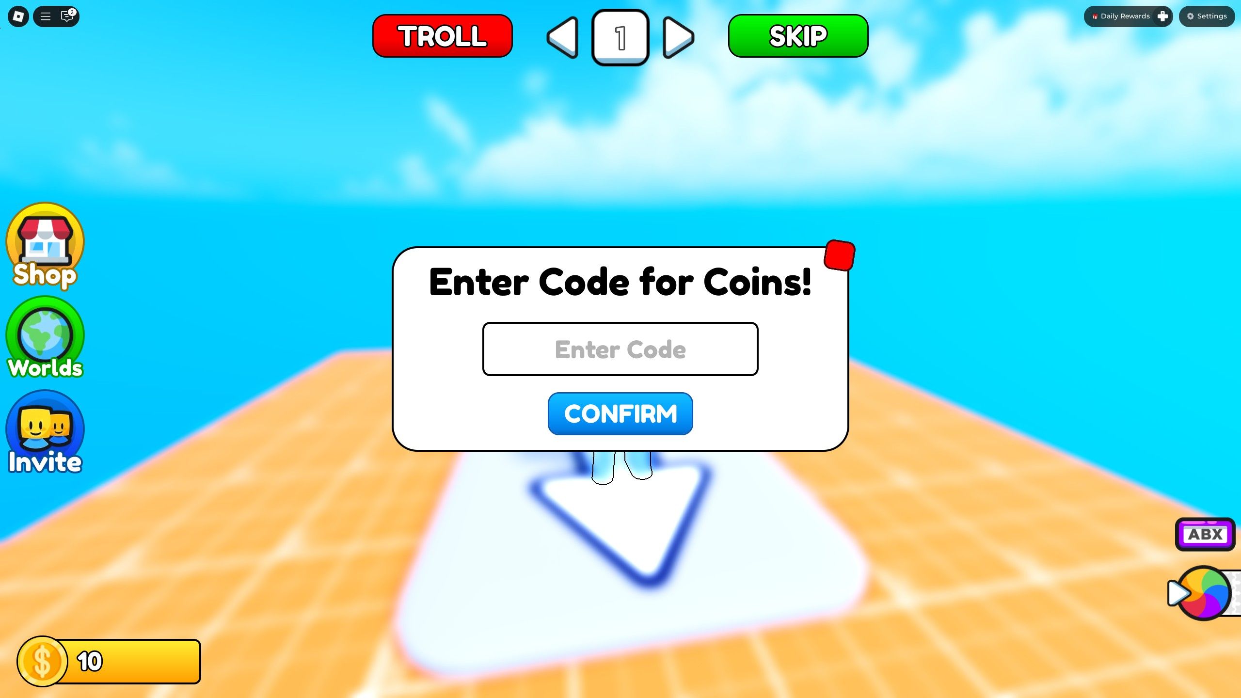 the codes box in Parkour Rush on Roblox
