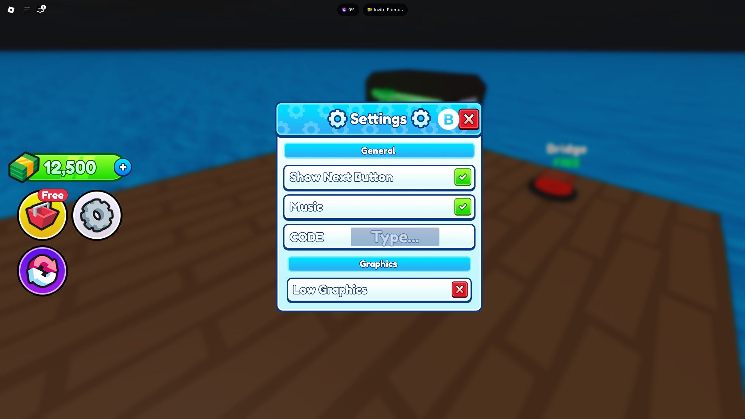 the settings menu in Raft Tycoon on Roblox