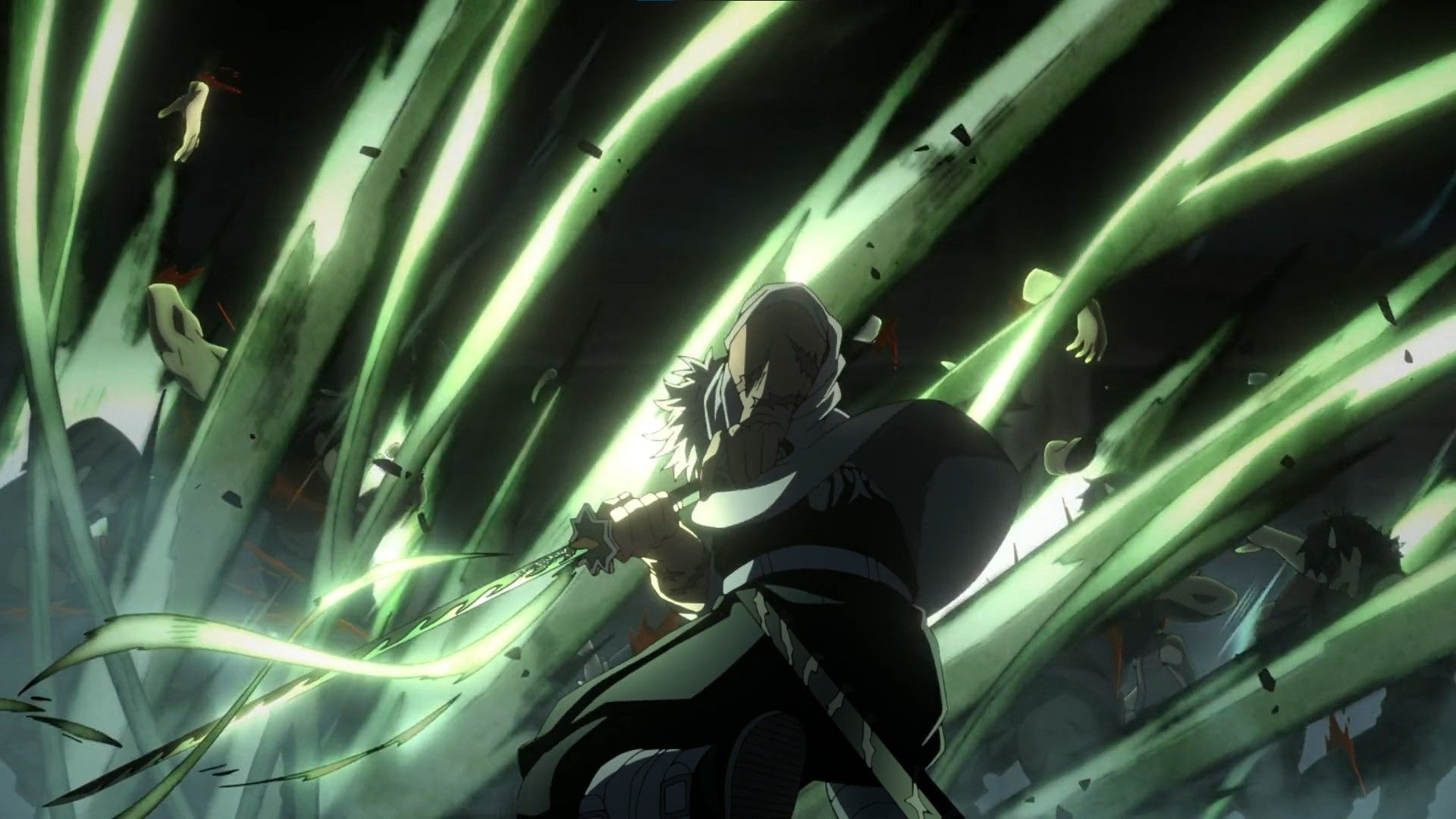Sanemi from Demon Slayer using Wind Breathing to defeat many demons.
