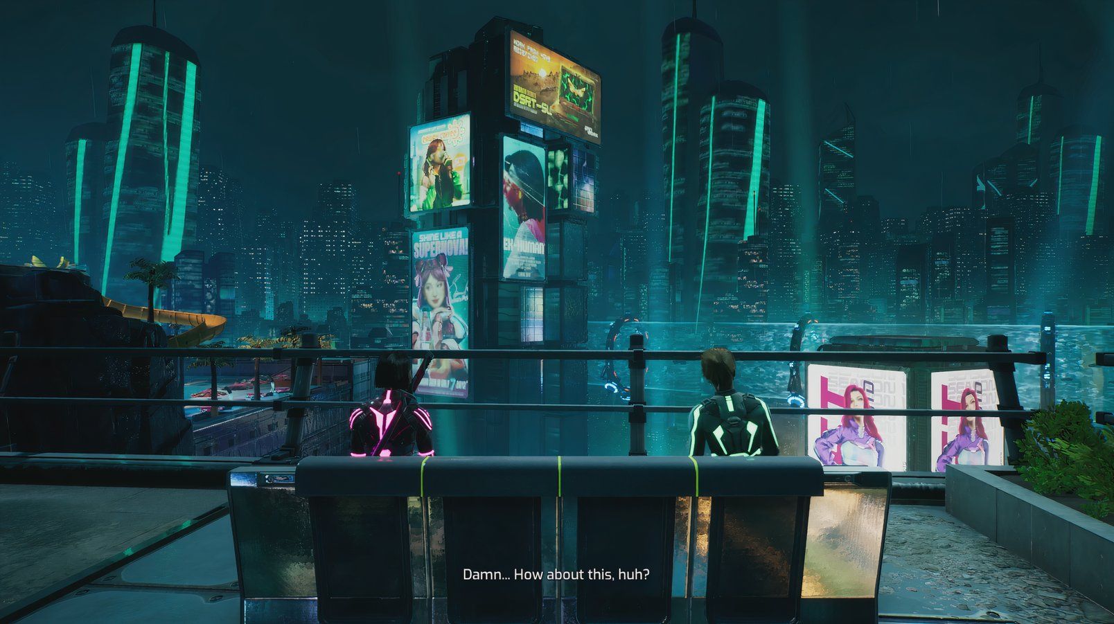 Mio and Zoe on bench in Neon Revenge level of Split Fiction