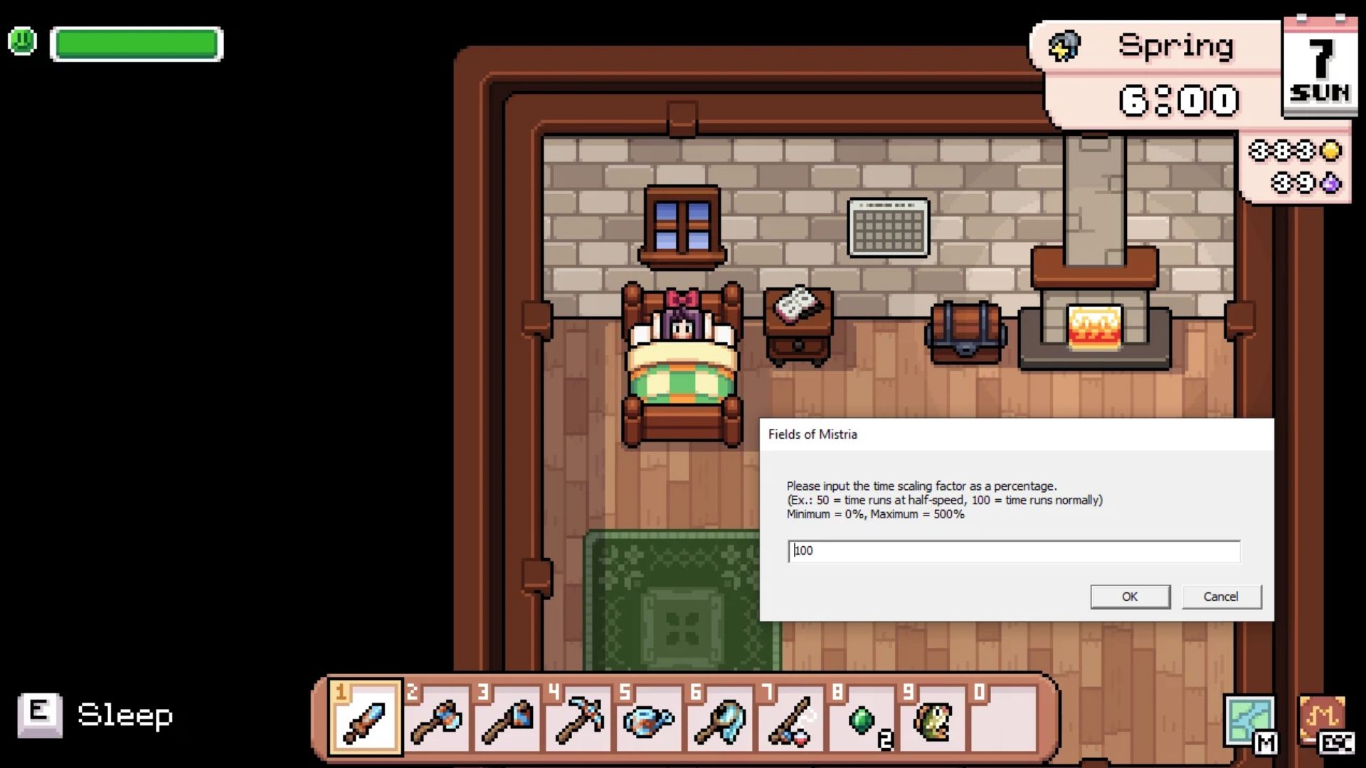 The player is in bed in Fields of Mistria. A prompt asks the player to adjust the game speed.