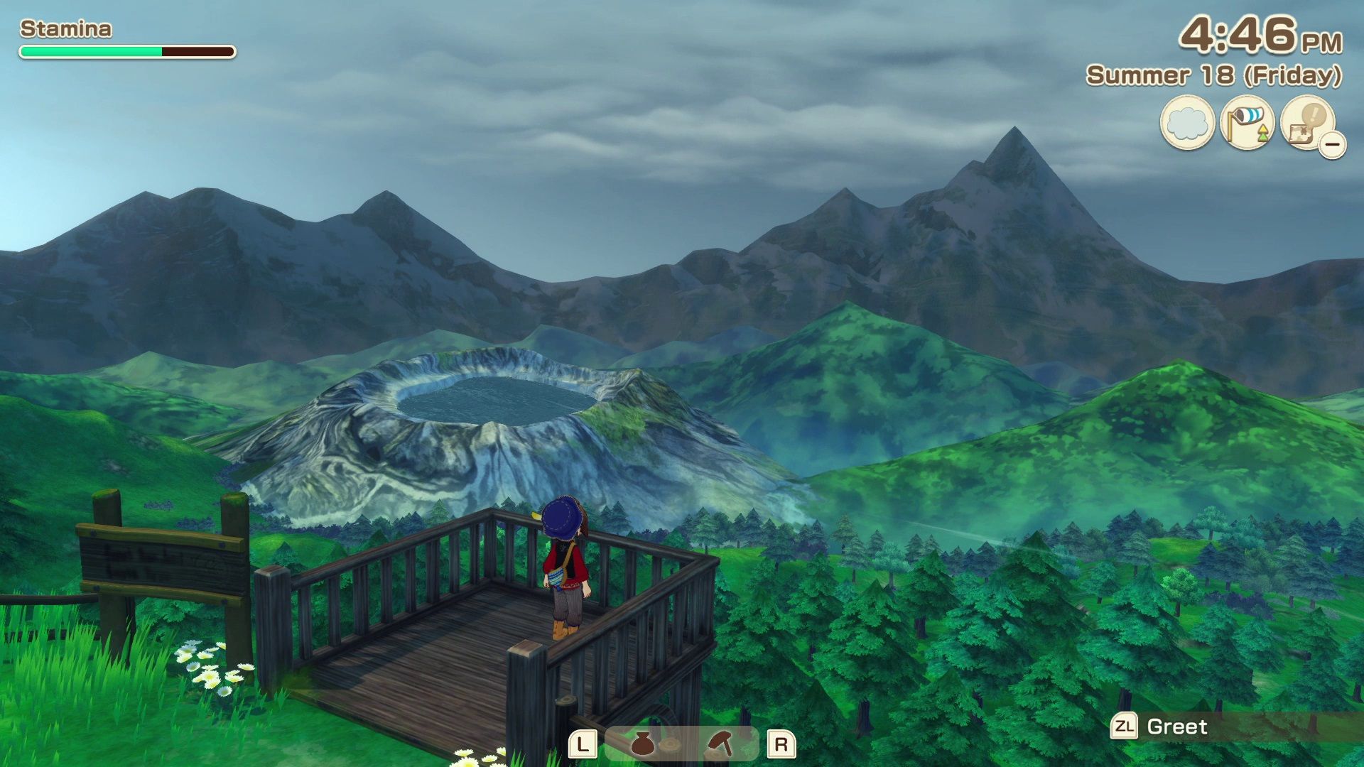 Someone overlooking the valley in Story of Seasons Grand Bazaar.