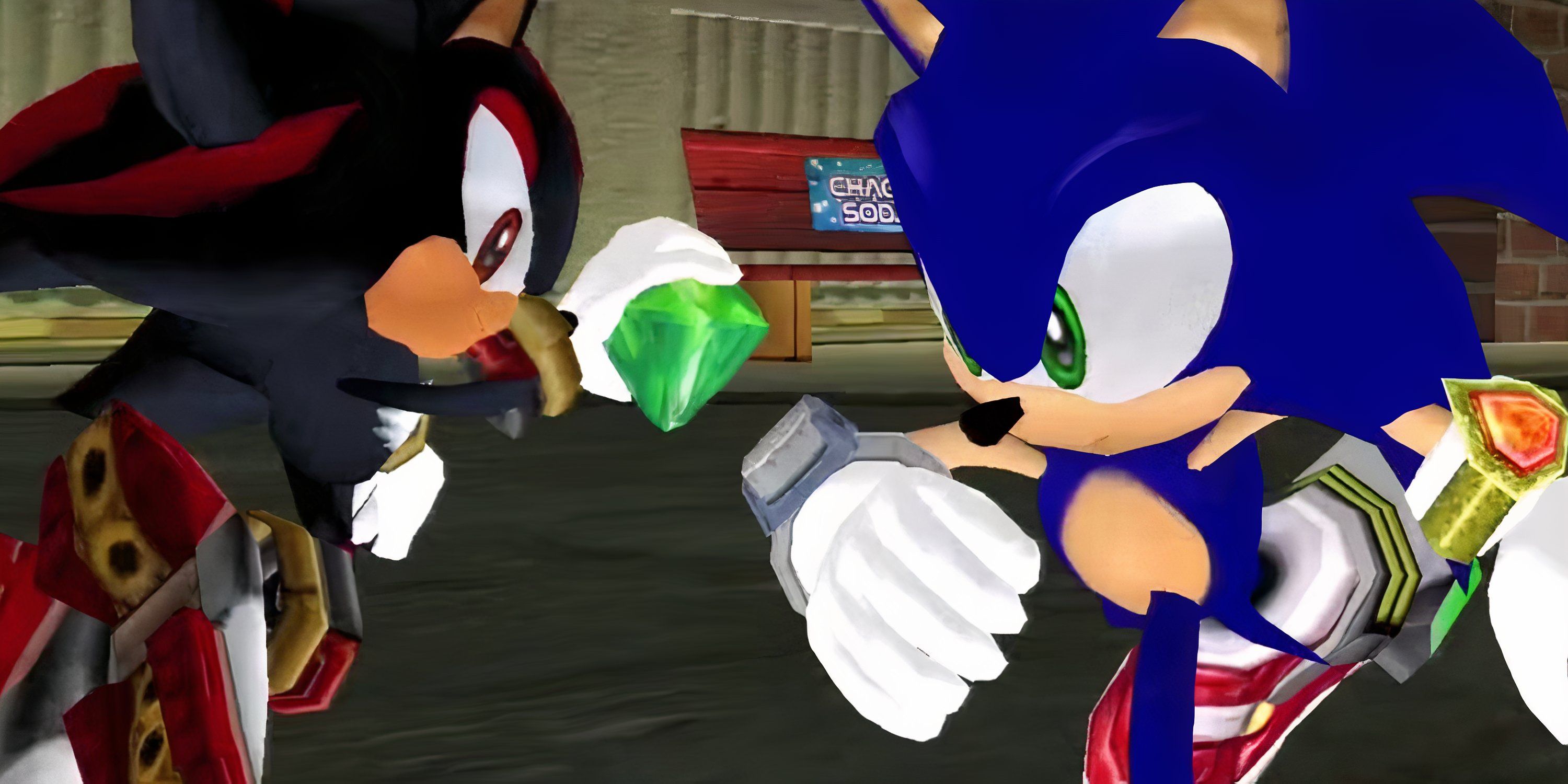 Sonic runs past Shadow, who is holding a green Chaos Emerald, in Sonic Adventure 2.