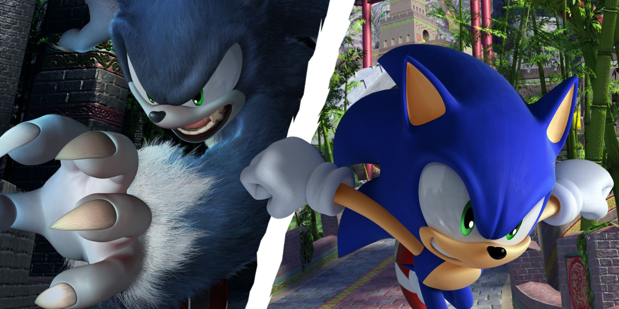 Left: Sonic as the werehog in Sonic Unleashed. Right: Sonic in his usual form