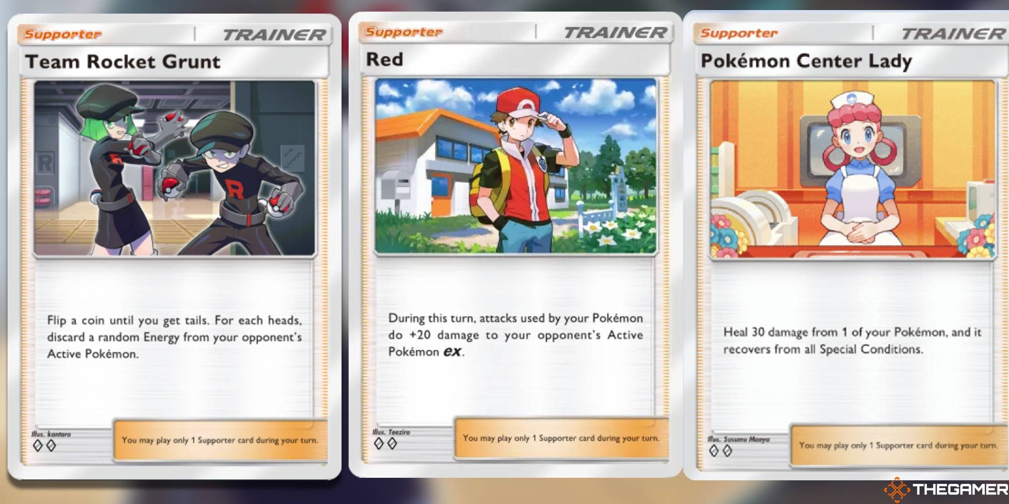 Cards of Red, Team Rocket, and Pokemon Center Lady from Pokemon Pocket.