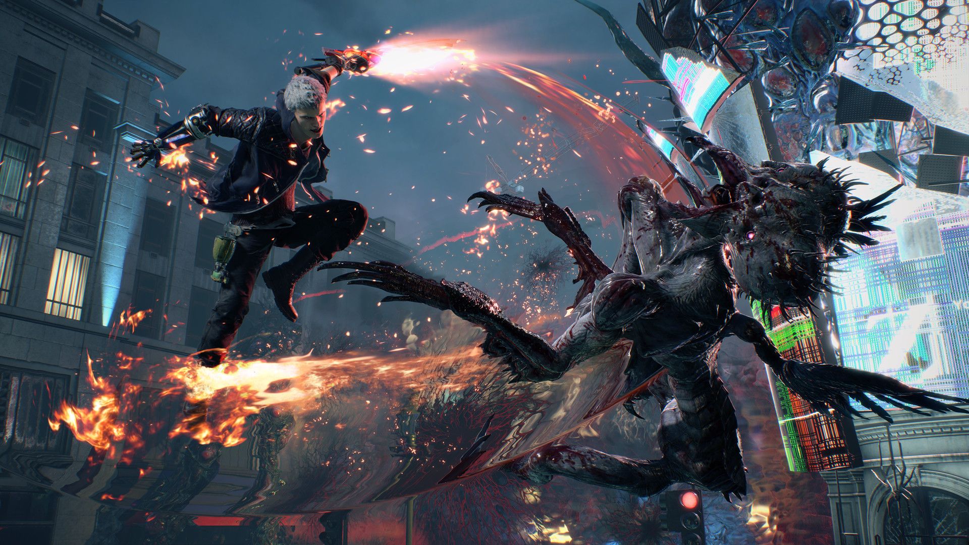 Nero fightings a monster while airbone in Devil May Cry 5. 