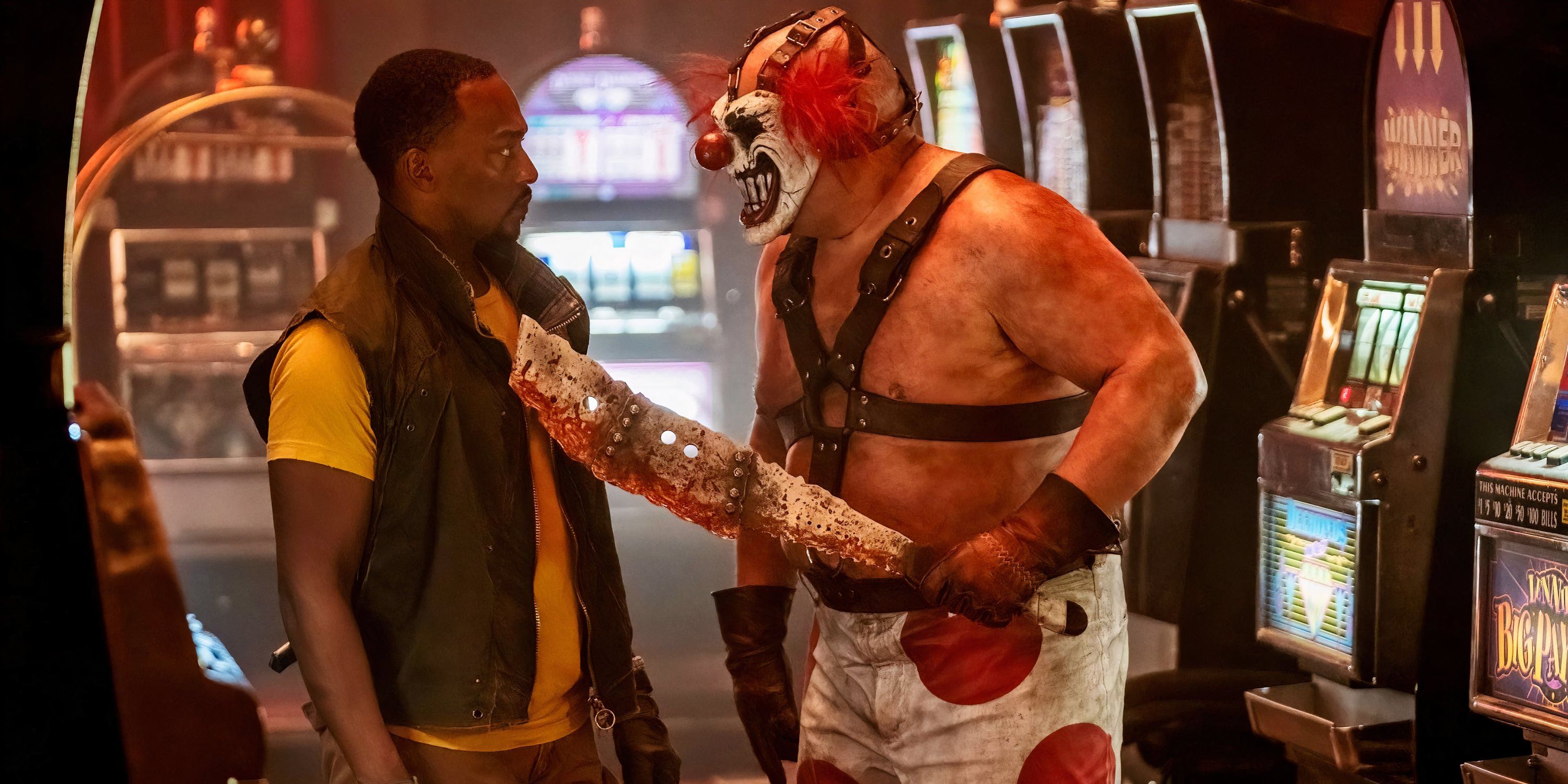 Sweet Tooth holds a bloody machete to John Doe's chest in Twisted Metal.