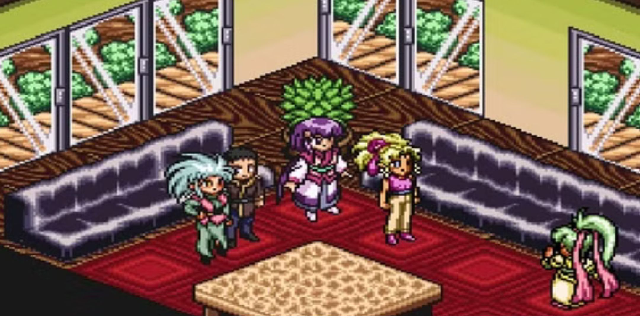 Tenchi and his friends meeting in a lobby in Tenchi Muyo! Game Hen.