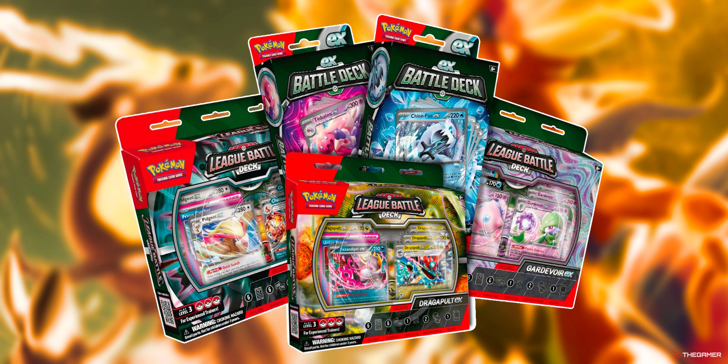 The Battle Decks For Charizard-ex, Tinkaton-ex, Chien-Pao-ex, Dragapult-ex, And Gardevoir-ex From The Scarlet & Violet Era Of The Pokemon TCG.