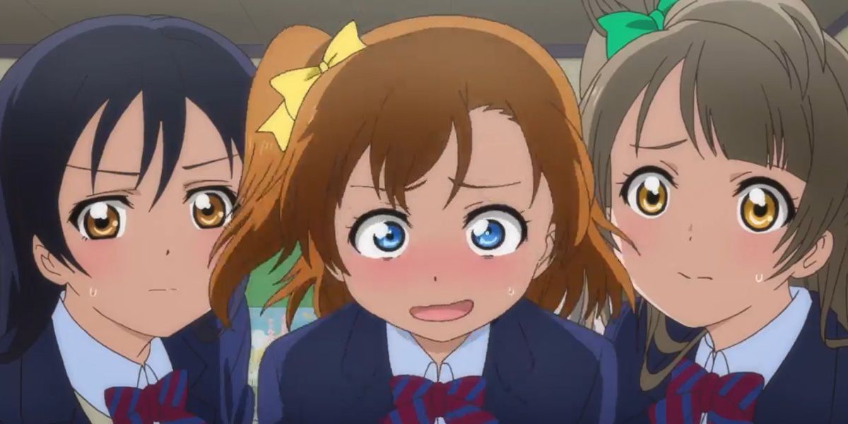 The main characters of Love Live School Idol Project looking shocked.