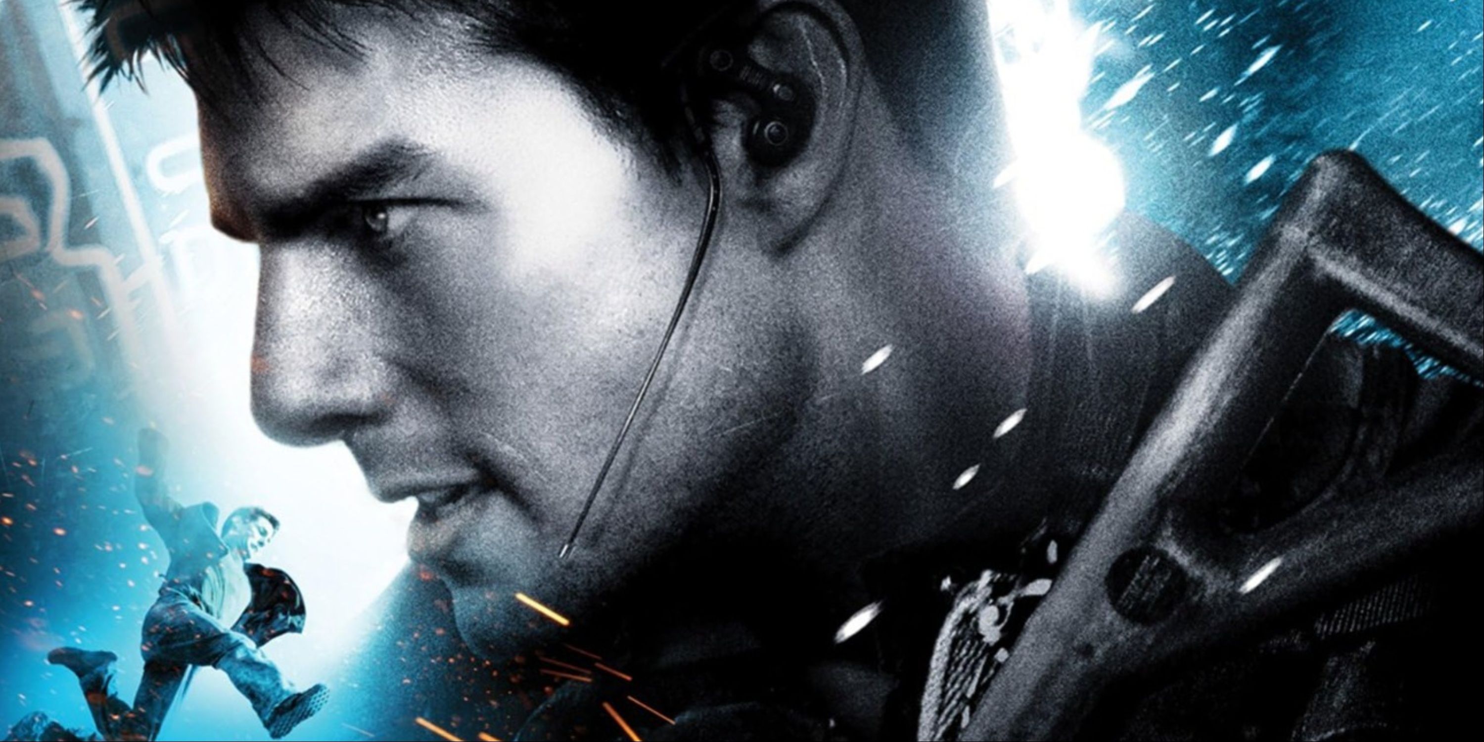 The main cover for Mission Impossible 3 with Tom Cruise's Ethan Hunt amid a blue background with a machine gun and earpiece.
