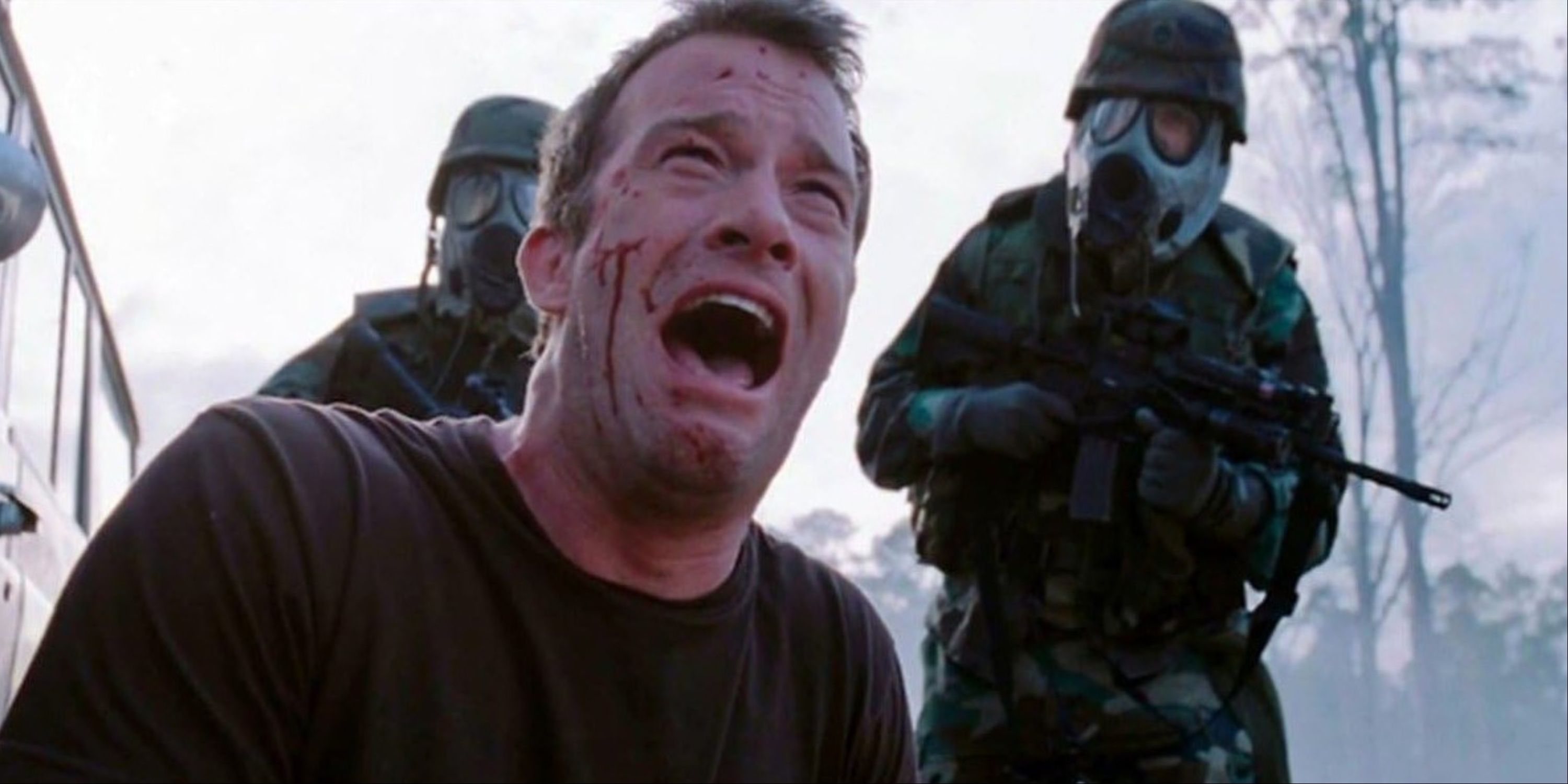Thomas Jane's character covered in blood on his knees wailing at wha he'd just done as soldiers in gas masks pass him by at the end of The Mist.
