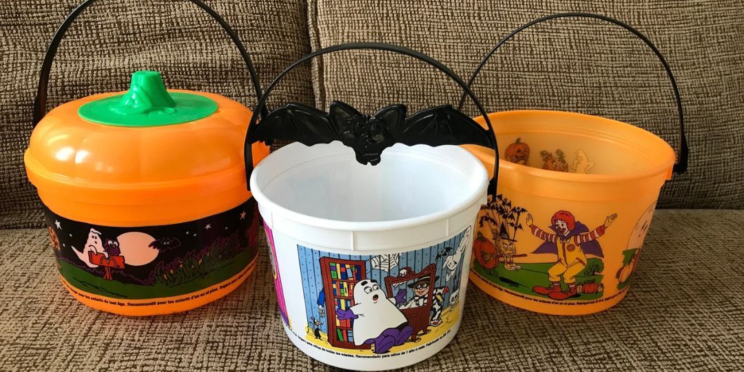 Three Boo Buckets are shown. They are McDonalds Halloween buckets for trick or treating.
