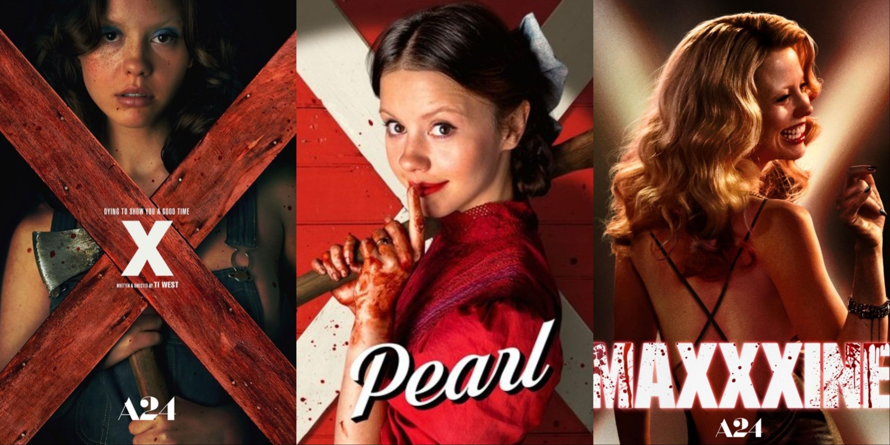 Three-image collage of Mia Goth on the posters of Ti West's X, Pearl, and MaXXXine.