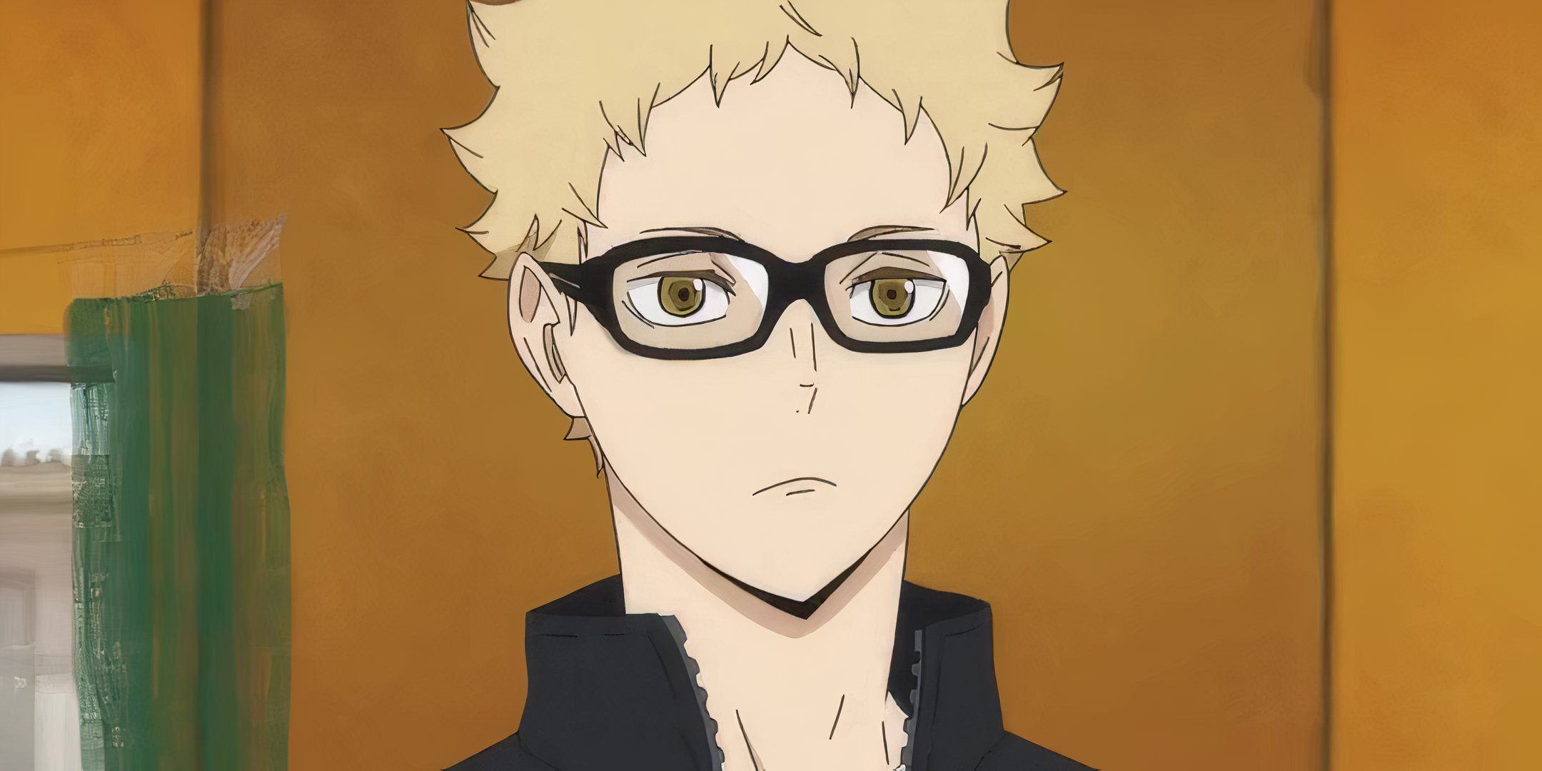 Tsukishima from Haikyu standing with a bored expression.