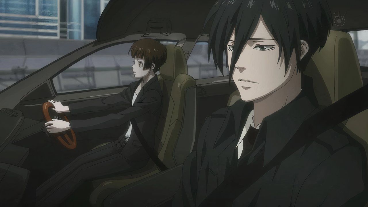 Two characters from Psycho-Pass driving in a car.