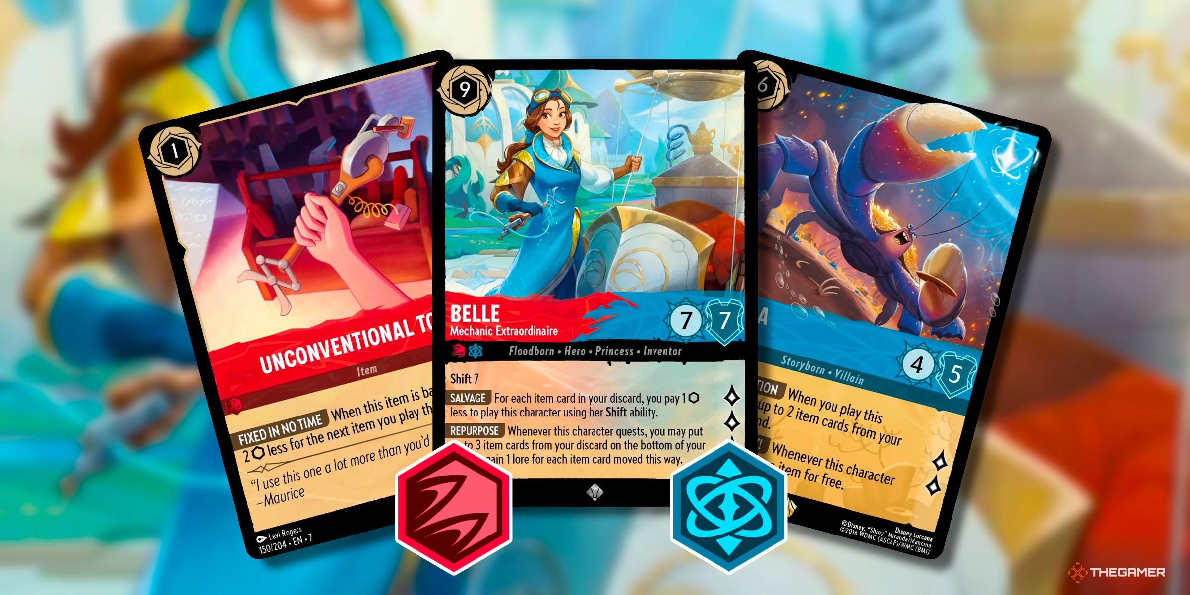 Unconventional, Tool Belle - Mechanic Extraordinaire, And Tamatoa - Happy As A Clam Cards From The Set Archazia's Island Of Disney Lorcana