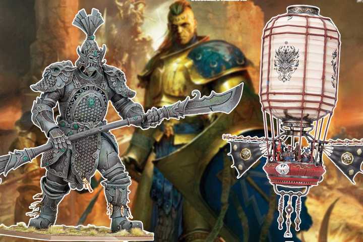 Warhammer The Old World Cathay miniatures in front of art of Age of Sigmar's Stormcast Eternals