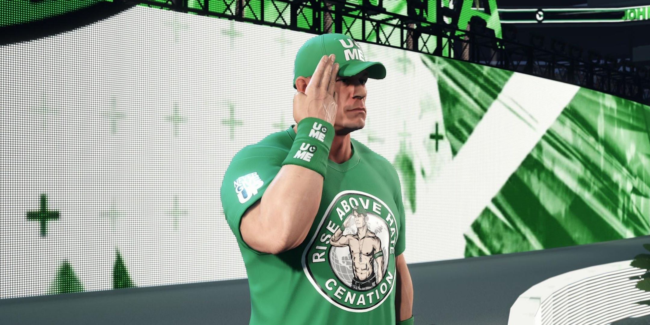 WWE 2K23 screenshot of John Cena saluting.