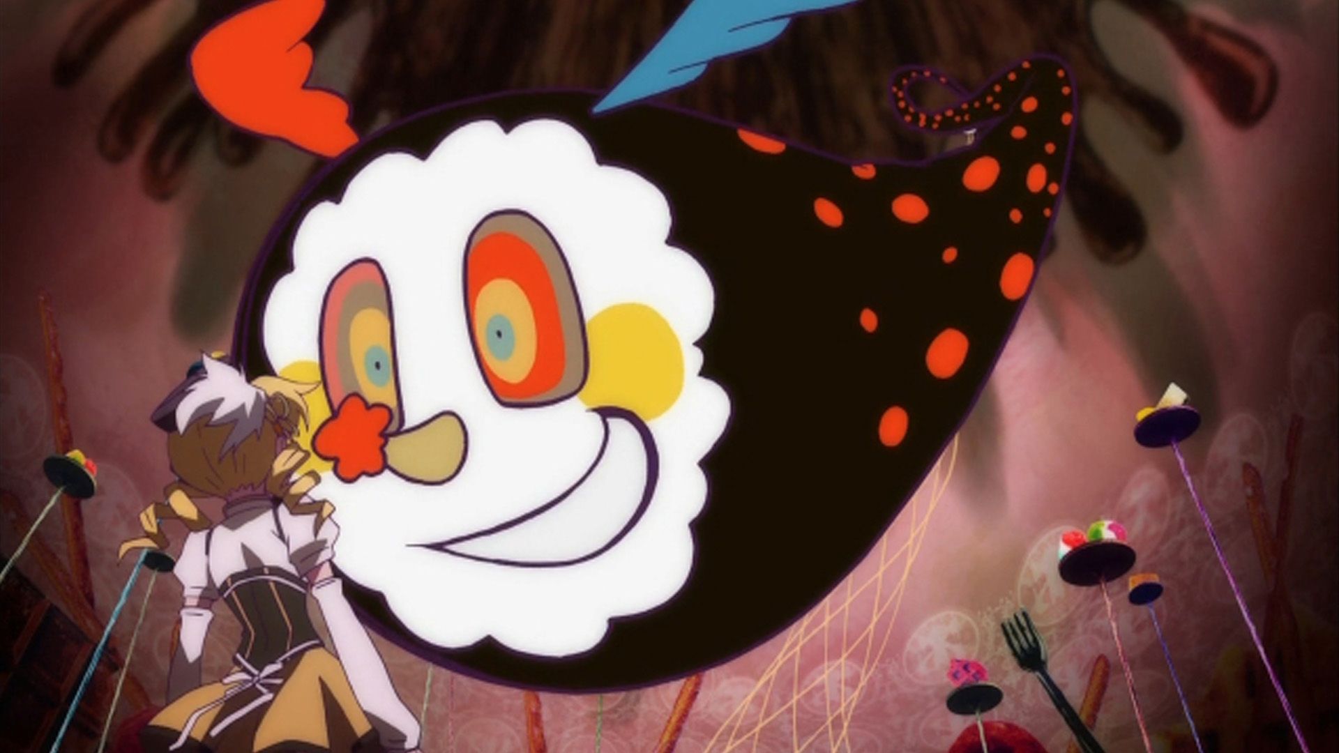 A giant centipede monster appears in front of Mami in Madoka Magica.