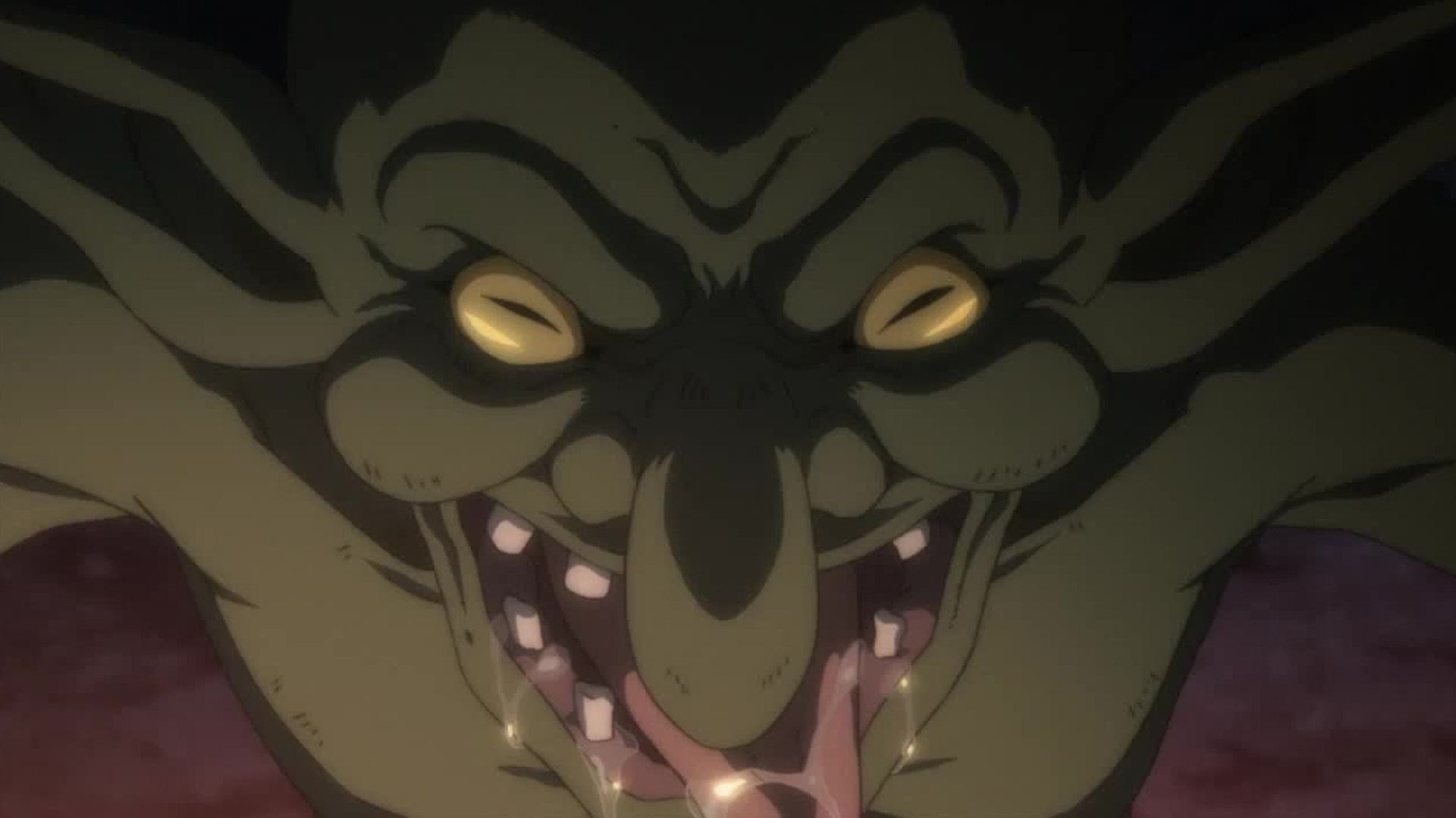 A goblin is smiling eerily with its mouth wide open and its tongue sticking out in Goblin Slayer.