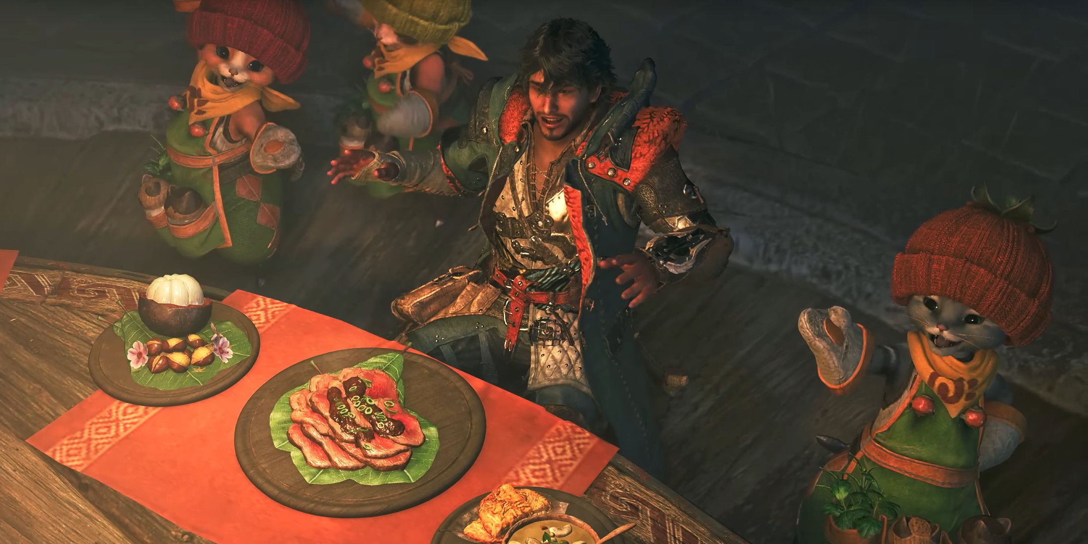 A hunter and some palicoes looking at food on a table