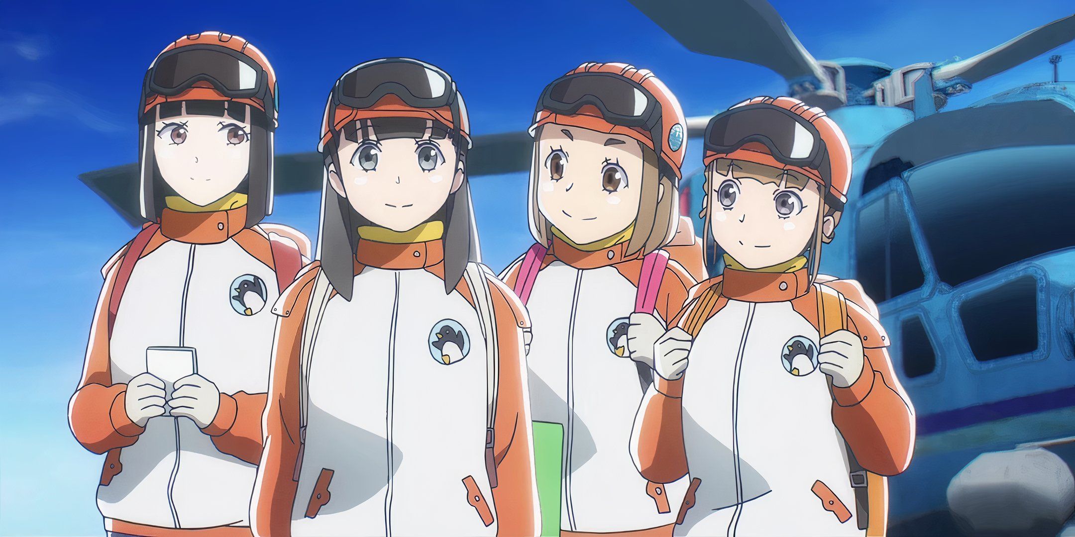 The cast of A Place Further than the Universe, wearing winter gear with a helicopter behind them.