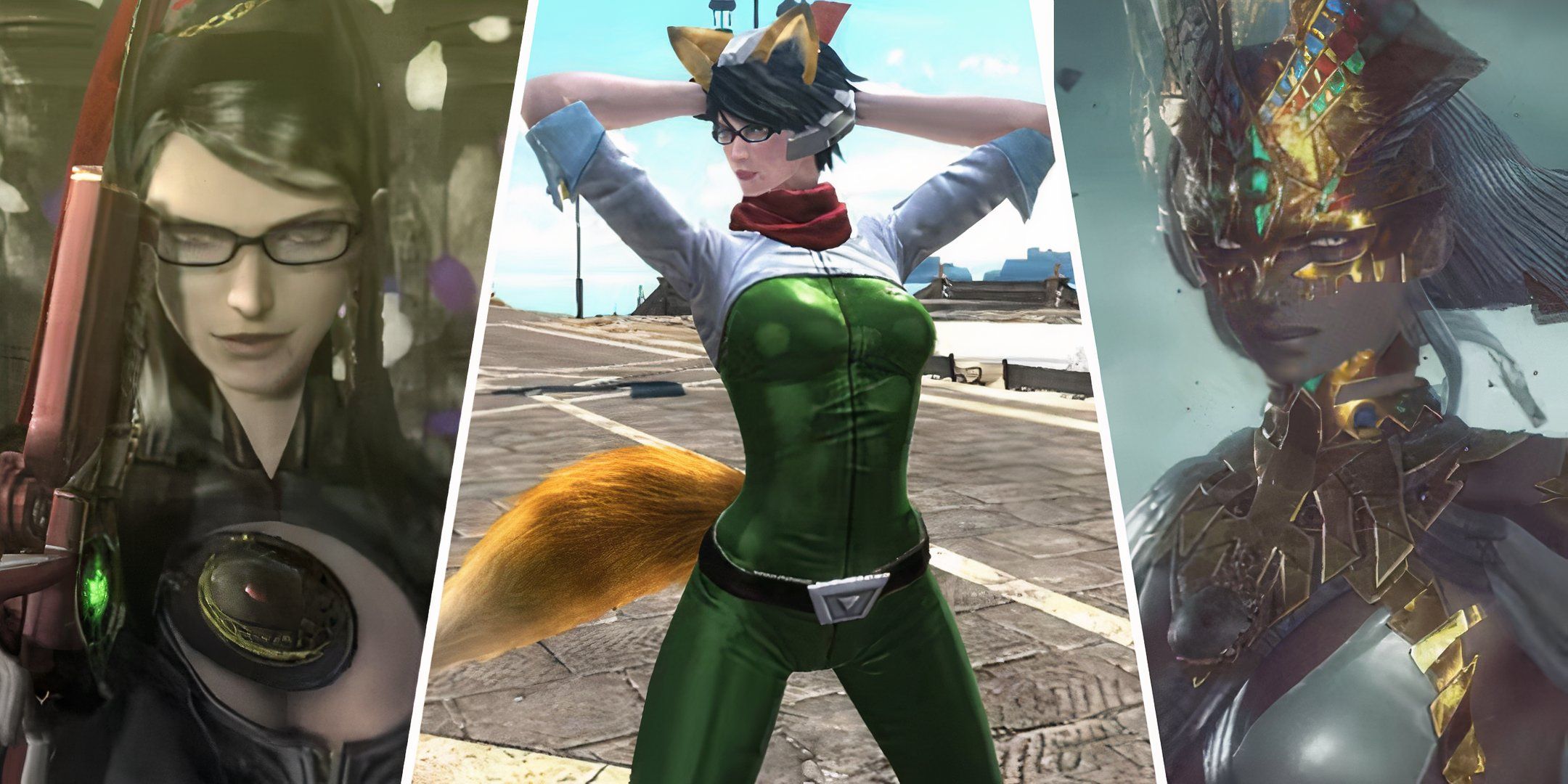 A split image of Bayonetta, Bayonetta 2, and Bayonetta 3.