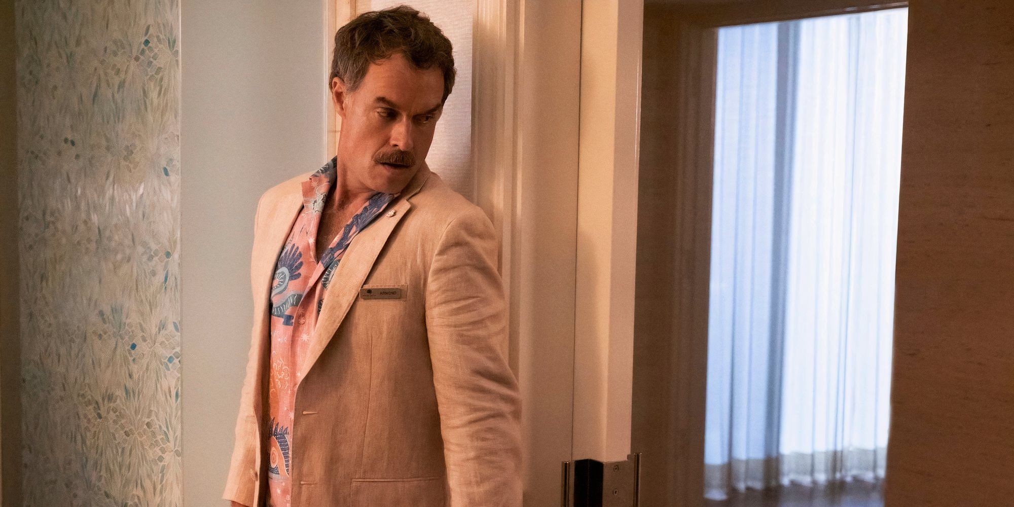 Armond the hotel manager trying to figure out what's going on in White Lotus Season 1.