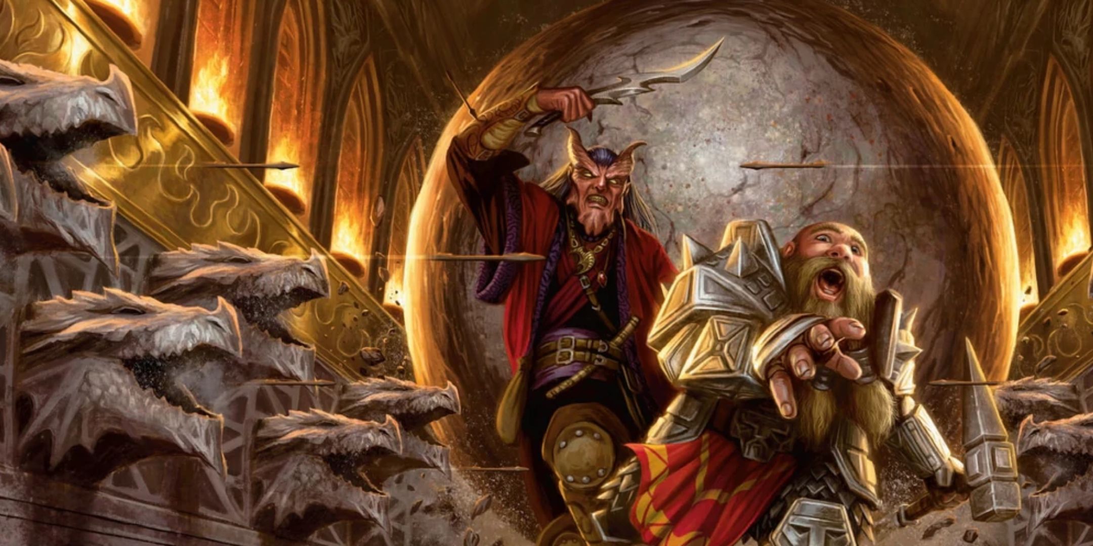 A tiefling and dwarf run down a hallway fill of traps in a panic. A giant stone ball chases them.