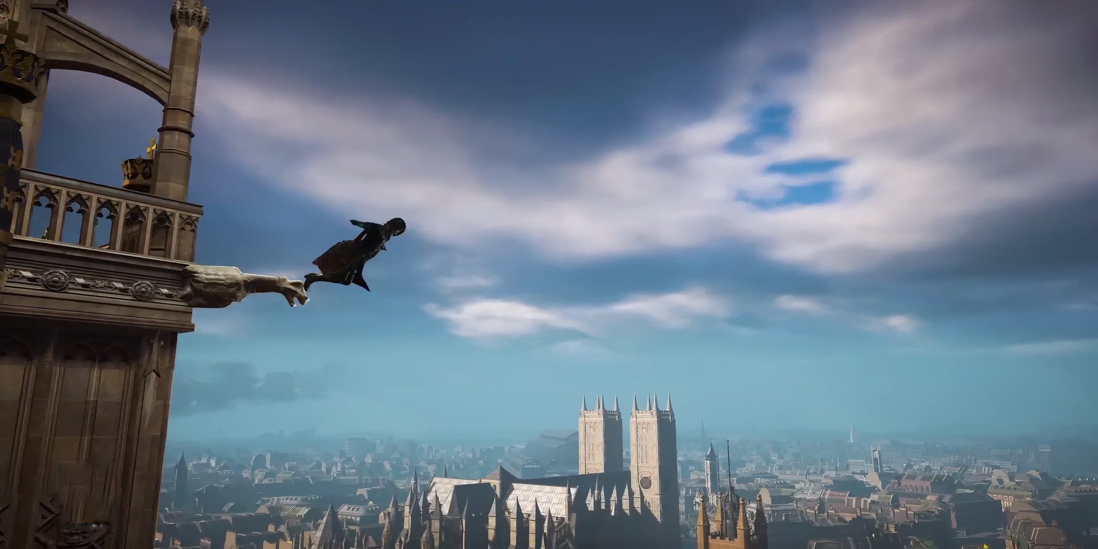Assassin’s Creed Syndicate protagonist making a leap of faith over london.
