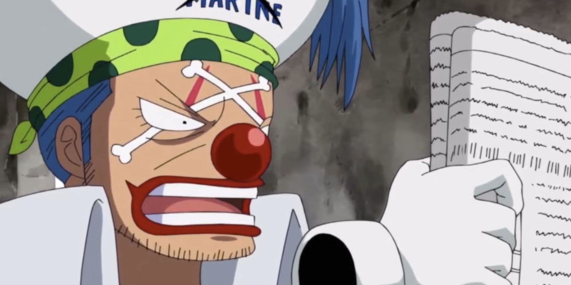 Captain Buggy reading a newspaper abouyt Luffy in One Piece.
