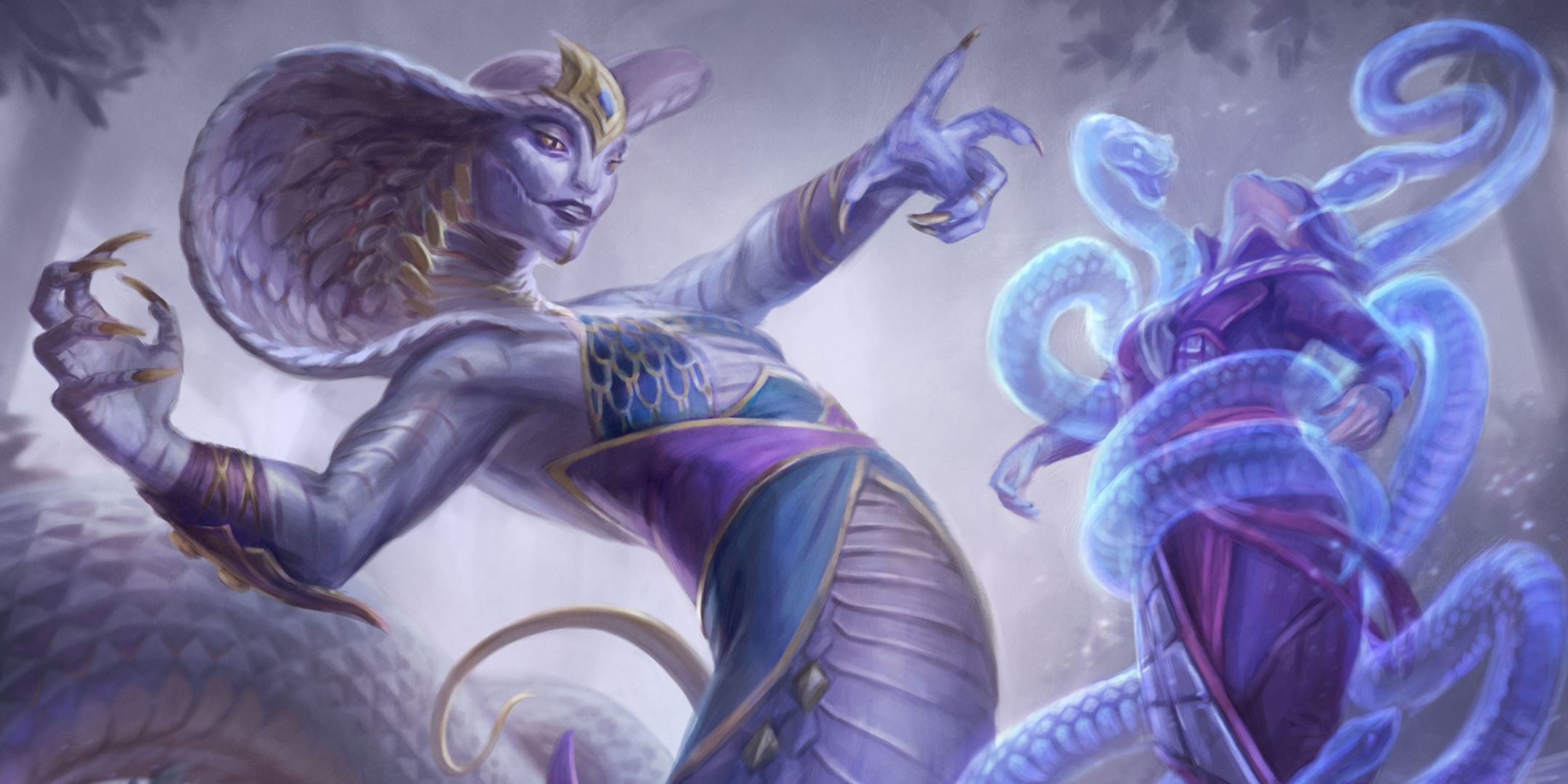 a naga sage uses illusory snakes to bind an intruder in the card art for constrictor sage in magic: the gathering.