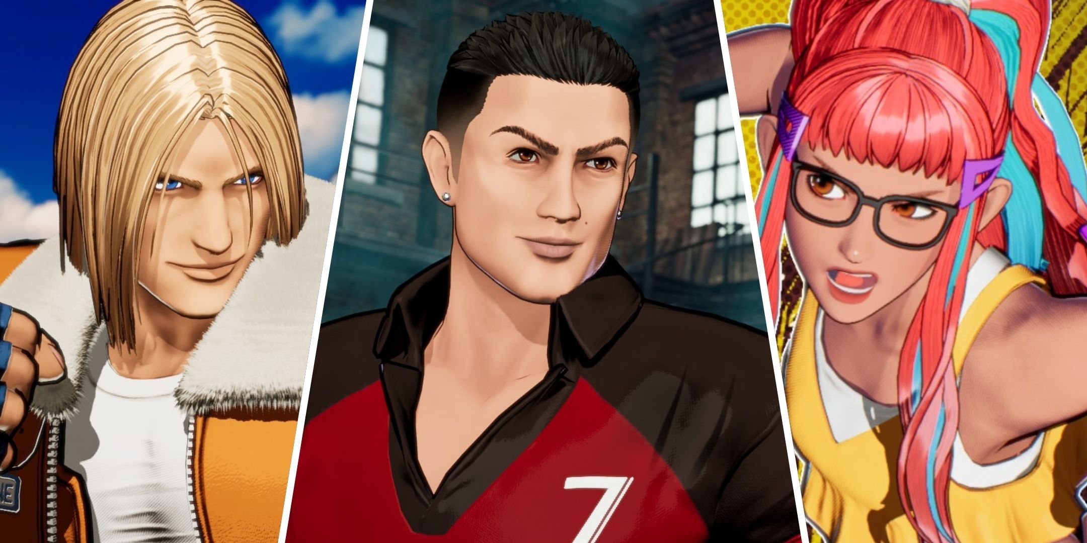 Split image of Terry Bogard, Cristiano Ronaldo and Preecha from Fatal Fury City of the Wolves.