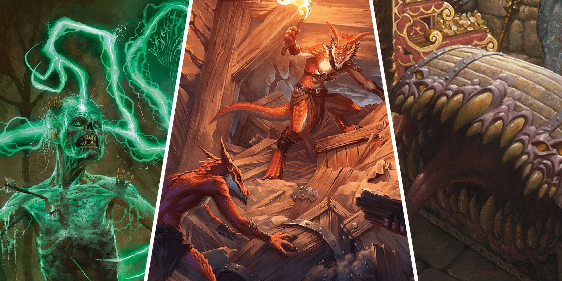 split image showing a zombie, two kobolds, and a mimic in dungeons and dragons.