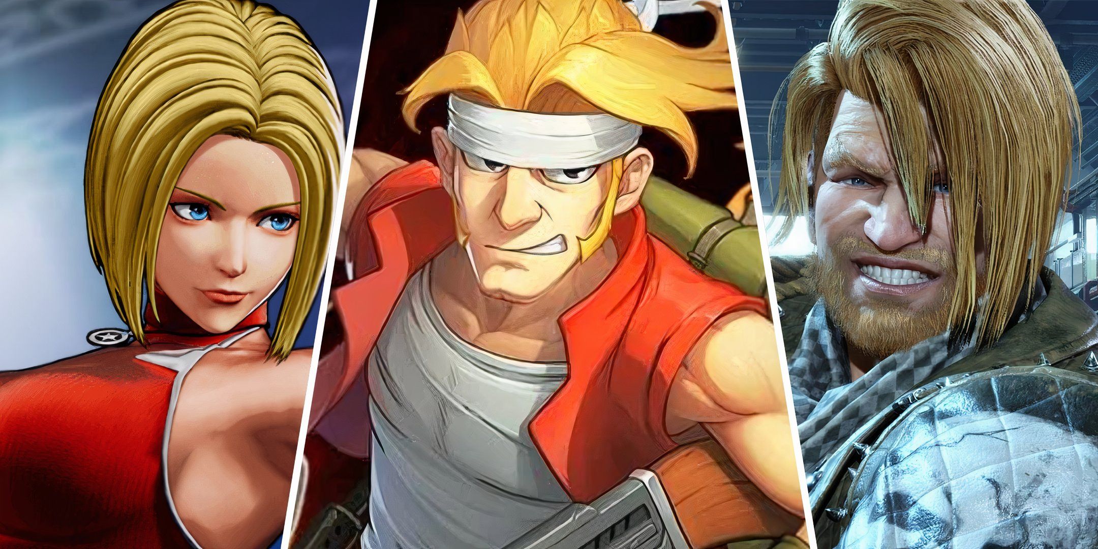Split image of Blue Mary in The King of Fighters 15, Marco Rossi in Metal Slug XX, and Paul in Tekken 8.