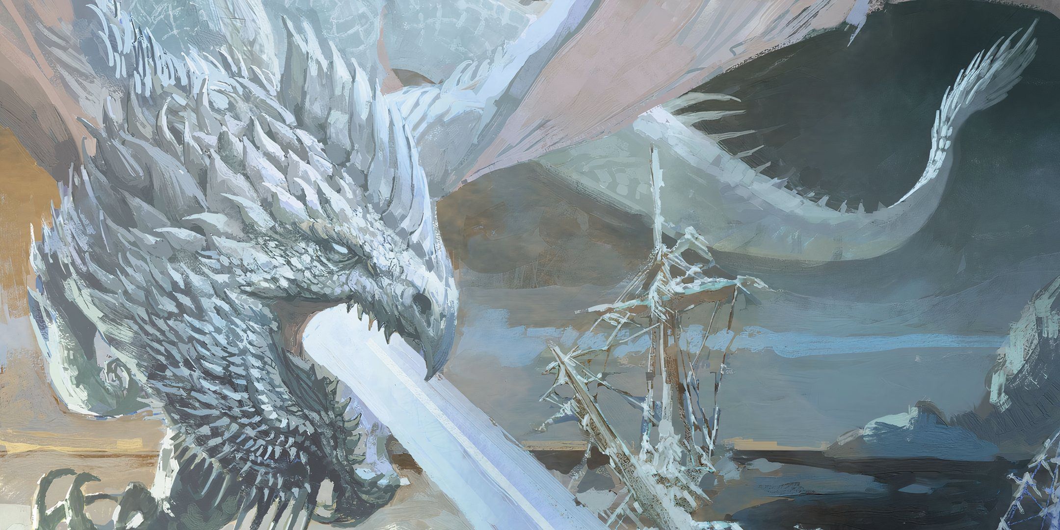 An ancient white dragon flying high in Dungeons & Dragons. 