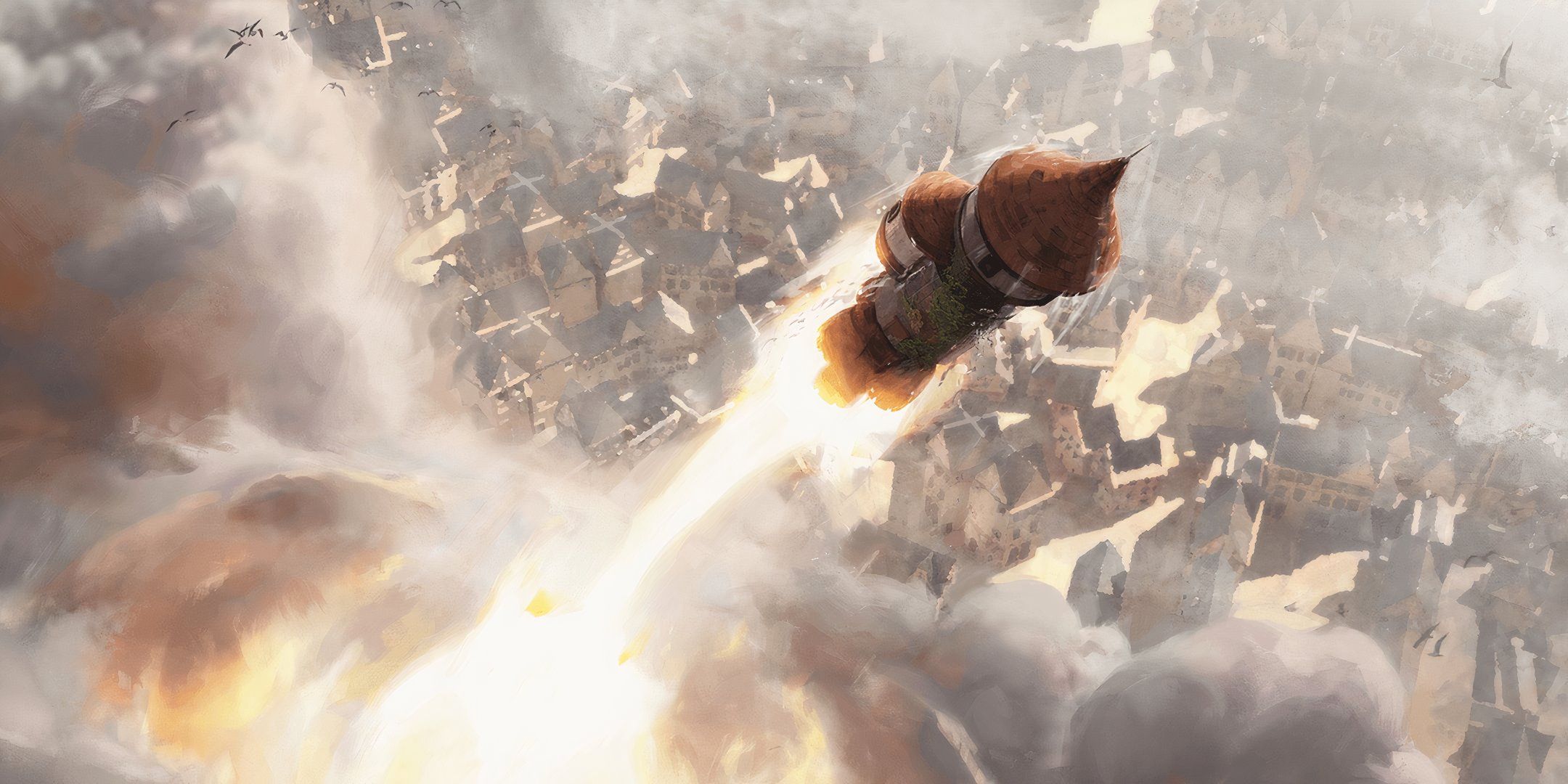 A tower from Candlekeep launching like a rocket in DND.