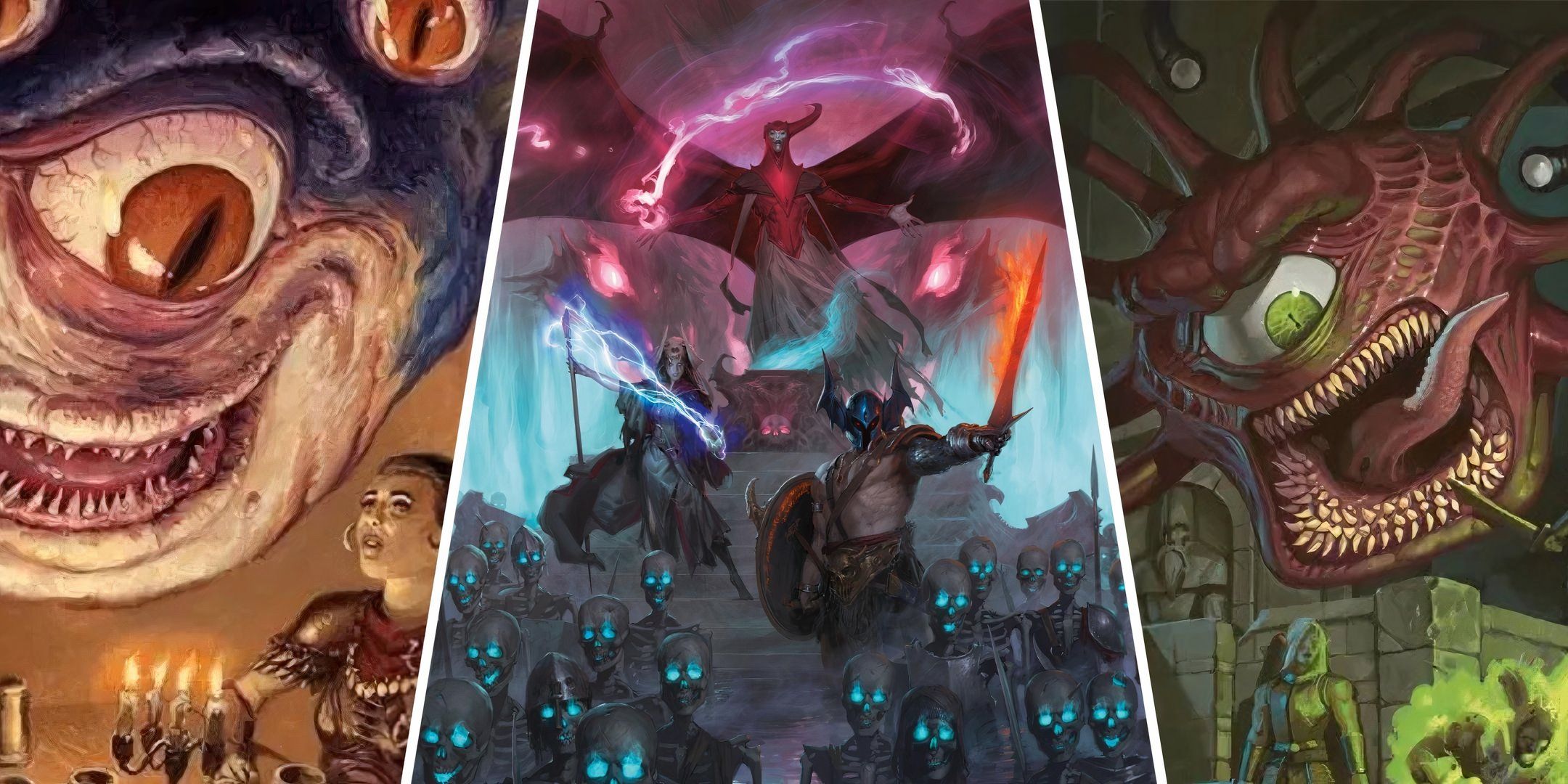 Split image featuring two beholders and a lich's army in dnd.