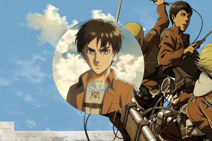An image of Eren Yaeger from Attack on Titan in a cirlce with the supporting cast from the anime around him in the background.