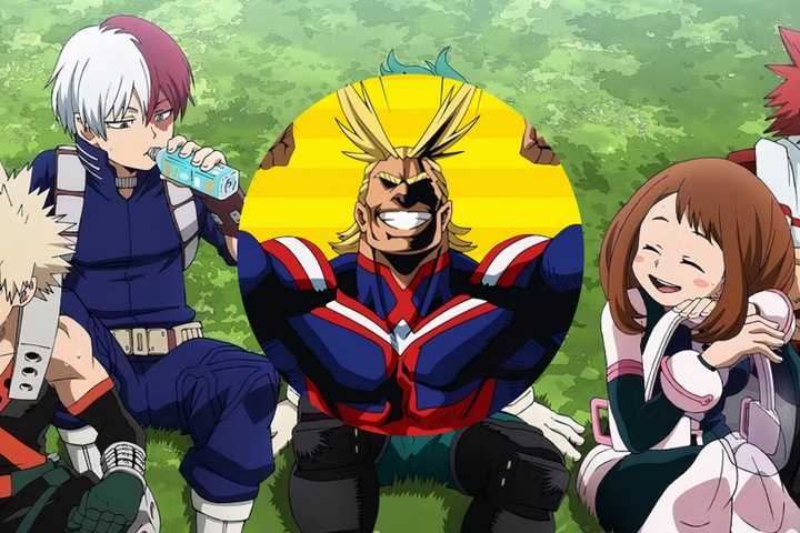 The My hero Academia cast in the background with All Might in the center in a collage from the anime My Hero Academia.