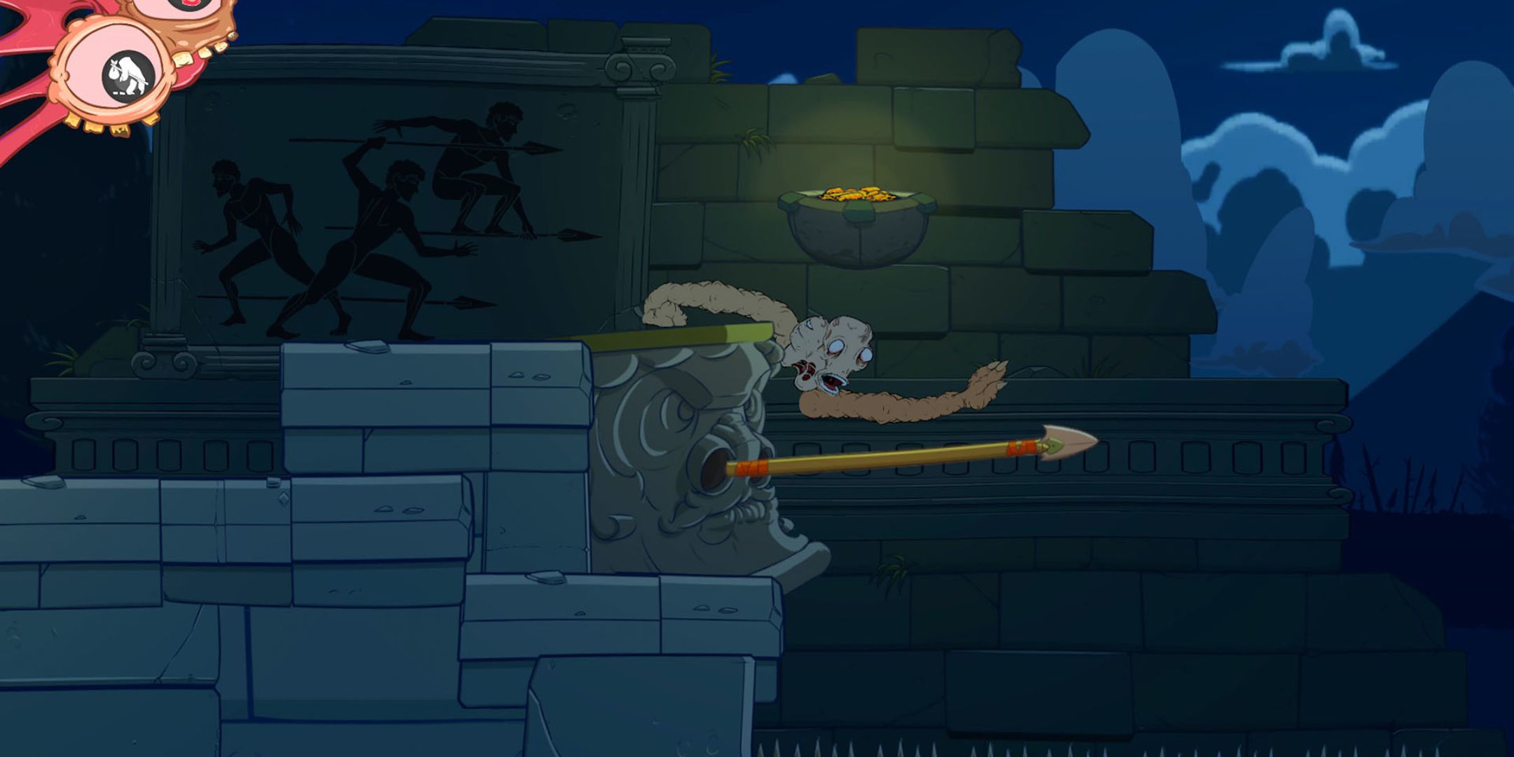 Creature reaching for an arrow in Struggling.