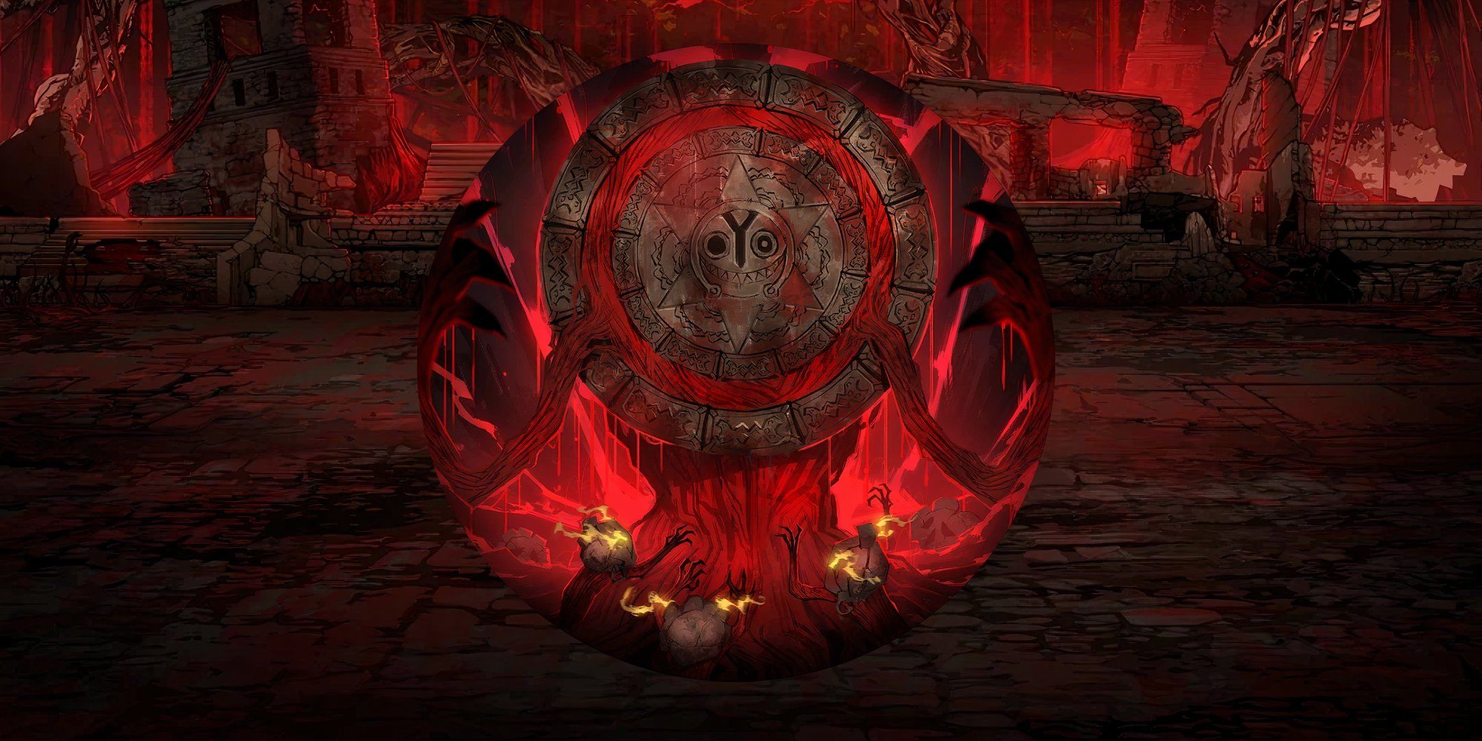 Doomsday Calendar spreads its limbs out as his followers reach out up toward him at his feet in Limbus Company.