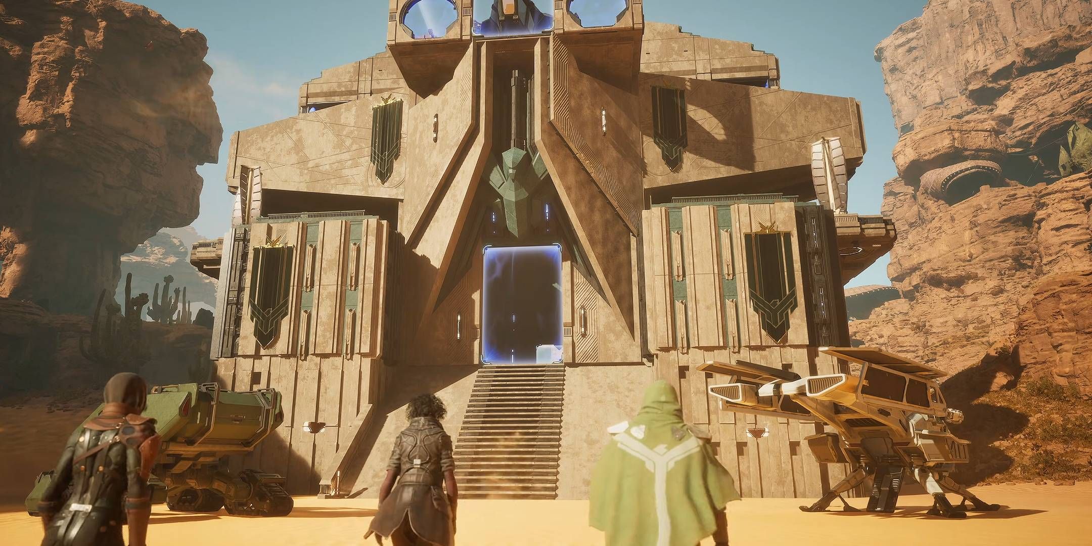 Dune_ Awakening - player built base with large exterior and ornithopter.