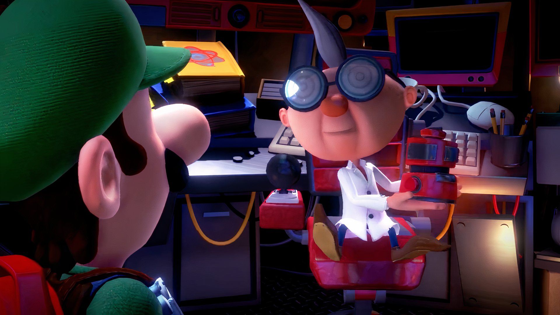 E. Gadd talking to Luigi in Luigi's Mansion 3.