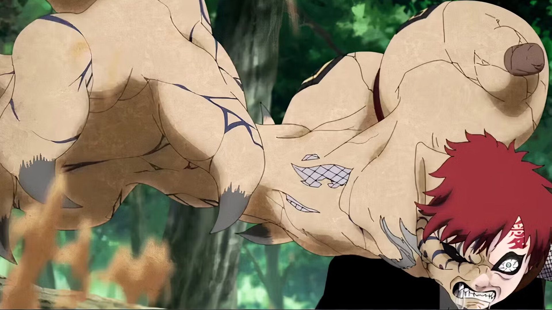 Gaara transforms into Shukaku in Naruto.