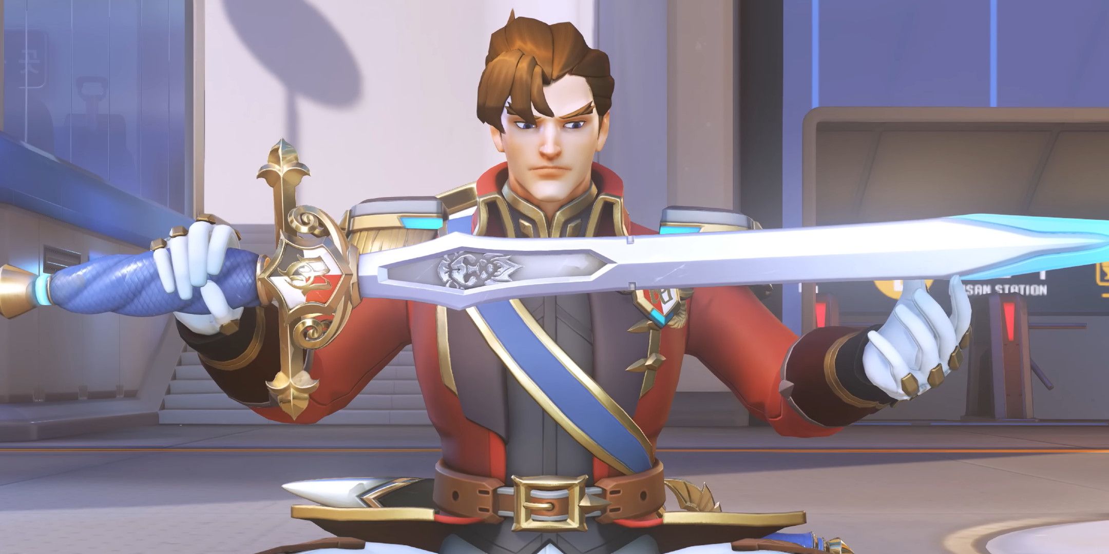 Genji in a soldier's uniform holding a sword