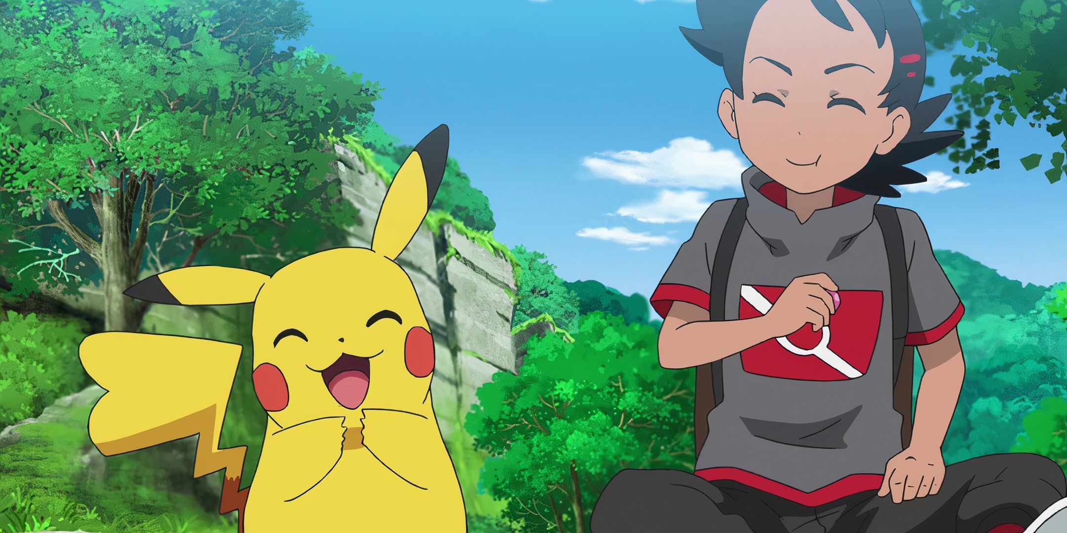 Goh and his Pikachu smiling while Goh is chewing on Pokemon Journeys