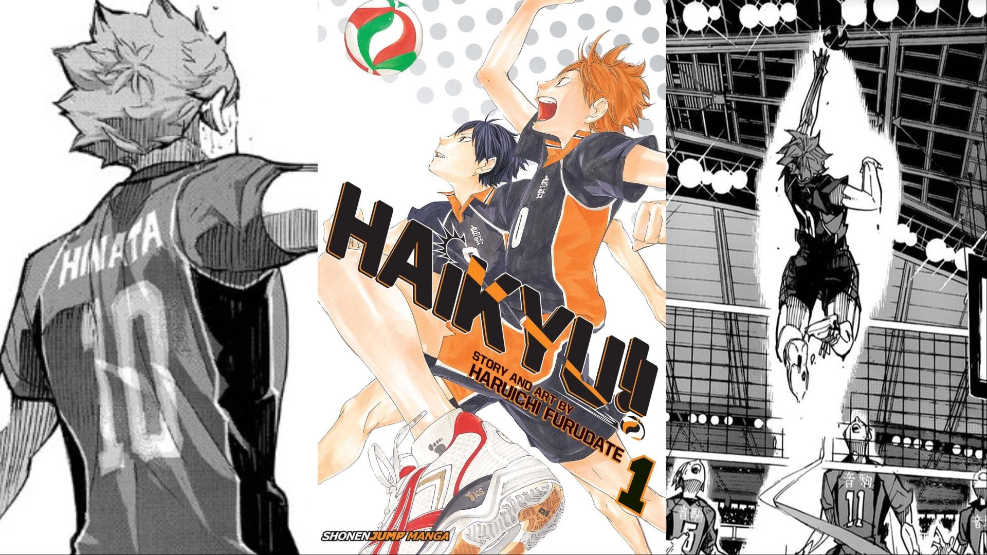 A collage of images showcasing panels and cover art from the manga Haikyu!!
