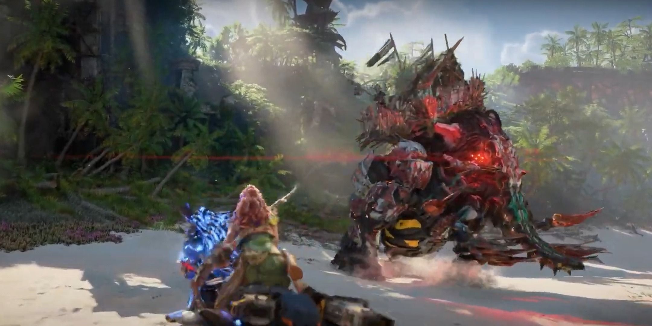 Aloy faces off agaisnt a Tremortusk in Horizon Forbidden West.